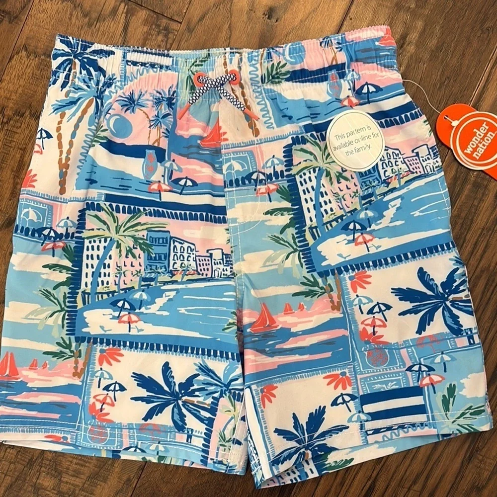 Boys Postcard Colorful Tropical Print Swim Trunks